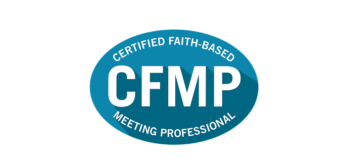 A blue oval with the words certified faith-based meeting professional written in it.