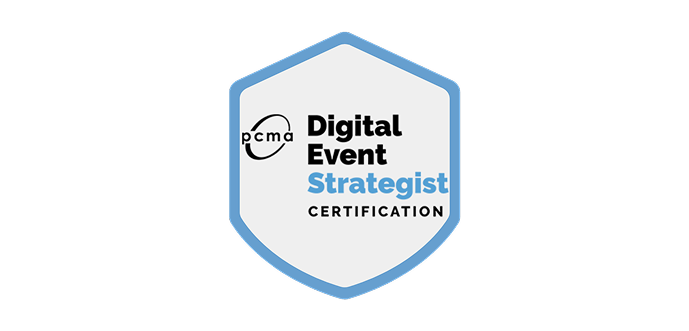 A blue and white badge with the words digital event strategist certification.
