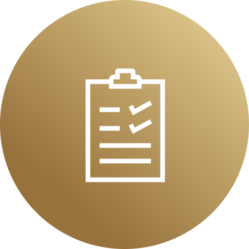 Group 568 A gold circle with a clipboard and check mark on it.